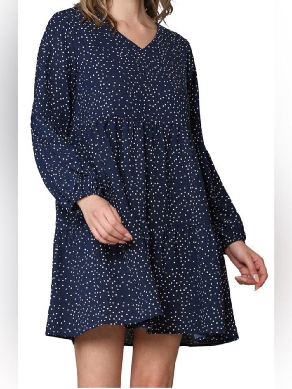 Women's Navy Blue Polka Dot V-Neck Tunic Dress
